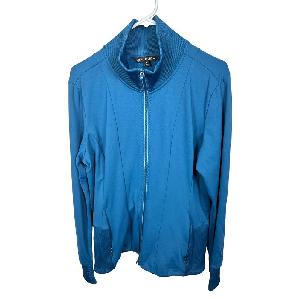Athleta Womens XL Blue Jacket Full Zip Stretch Long Sleeve Mock Neck Nylon Blend